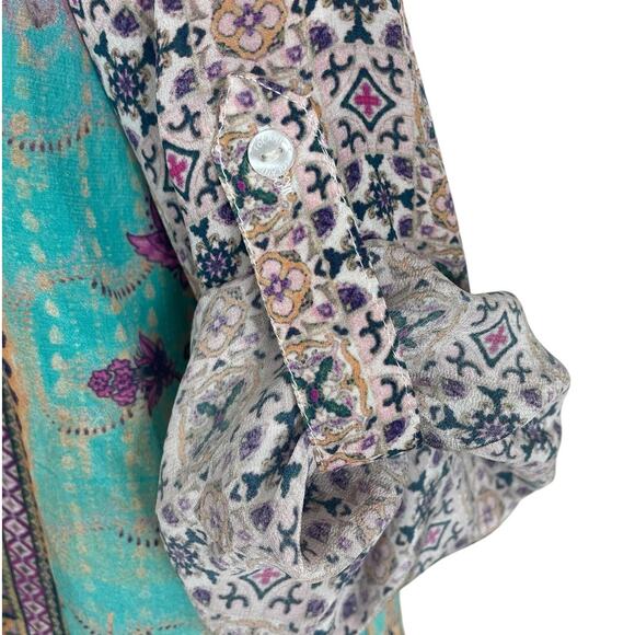 Tolani 100% Silk Printed Tunic Top Roll Tab Sleeves Beach Resort Vacation Large - Picture 7 of 14